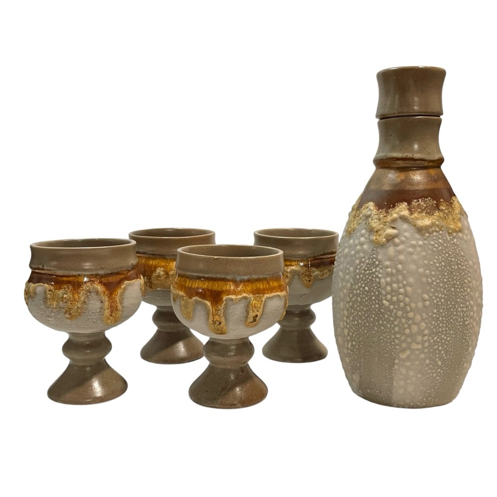 Vintage 1970s Laurentian Pottery Tundra Decanter and Goblets (4) Set - MCM
